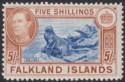 Click for more photos and details Falkland Islands 1938 KGVI 5sh Blue and Chestnut Mint SG161 cat £160