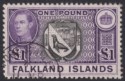 Click for more photos and details Falkland Islands 1938 KGVI £1 Black and Dull Violet Used SG163 cat £75