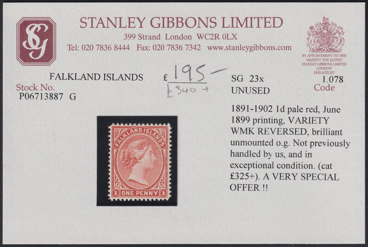 Falkland Islands 1899 QV 1d Pale Red watermark Reversed Mint SG23x cat £425