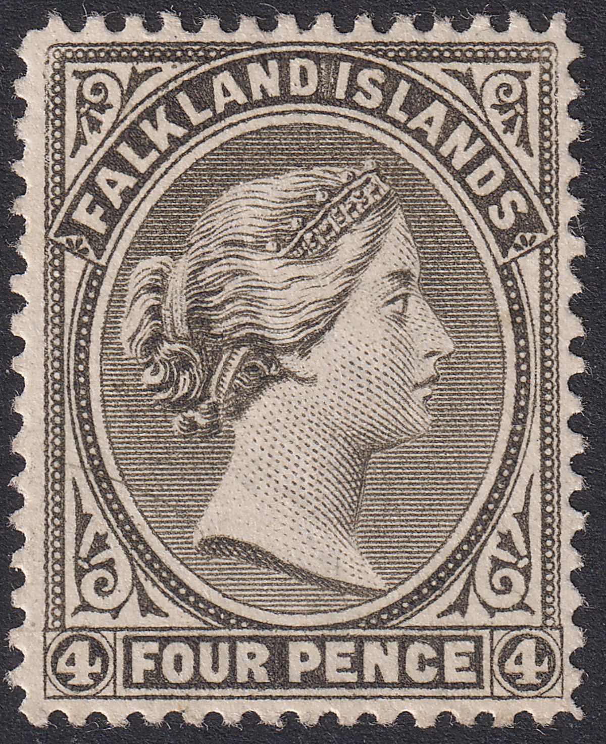 Falkland Islands 1894 QV 4d Brownish Black wmk Reversed Mint SG31 cat £1000