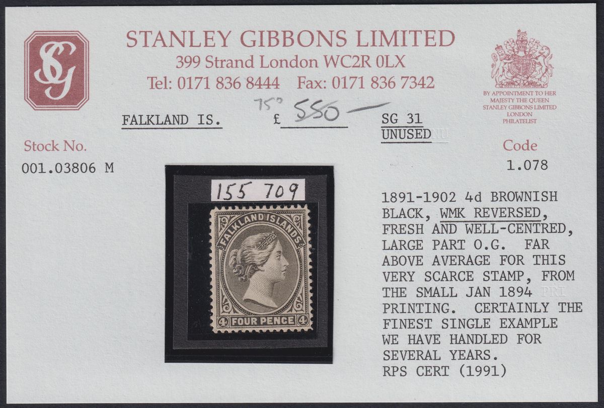 Falkland Islands 1894 QV 4d Brownish Black wmk Reversed Mint SG31 cat £1000