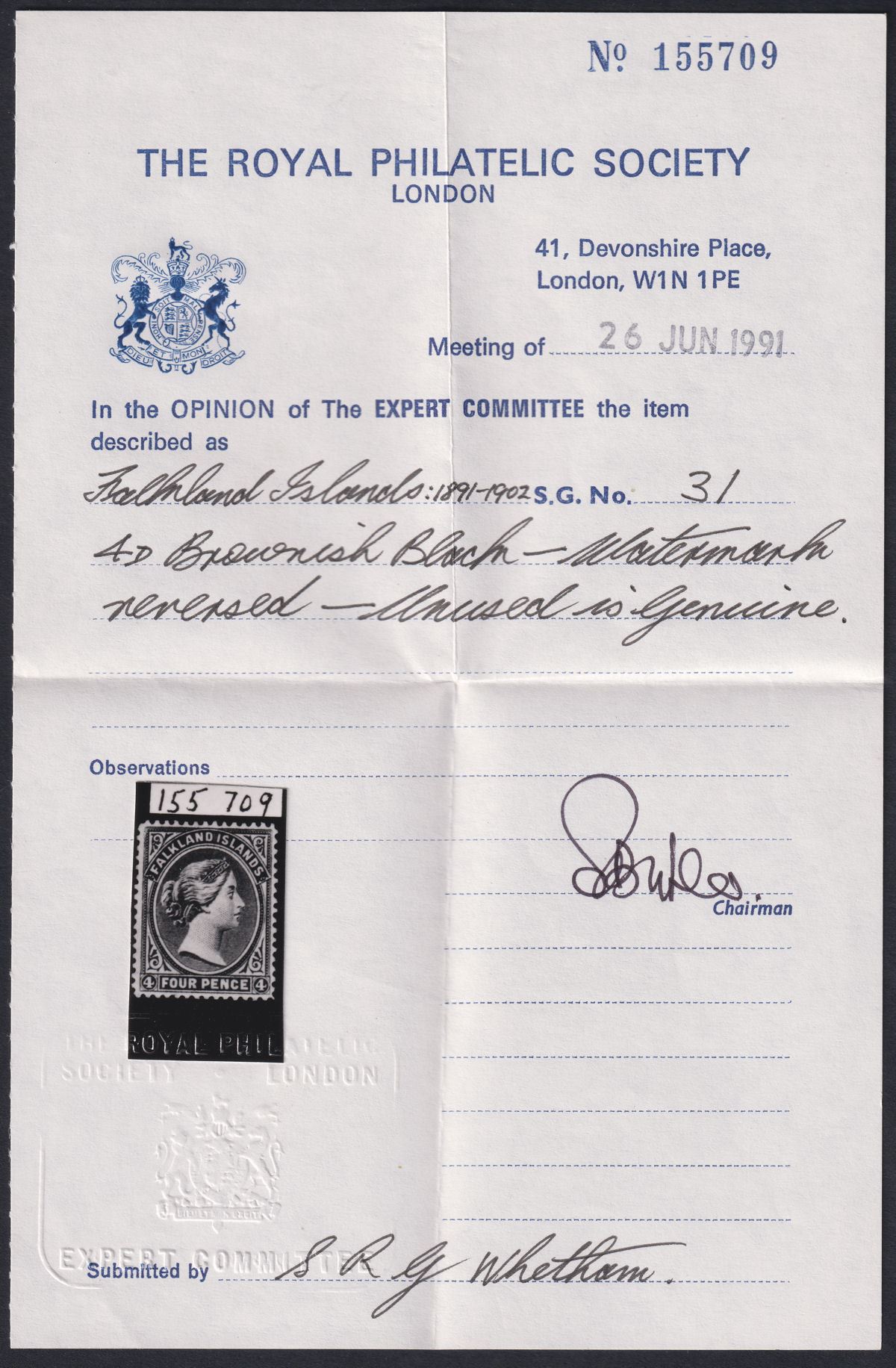 Falkland Islands 1894 QV 4d Brownish Black wmk Reversed Mint SG31 cat £1000