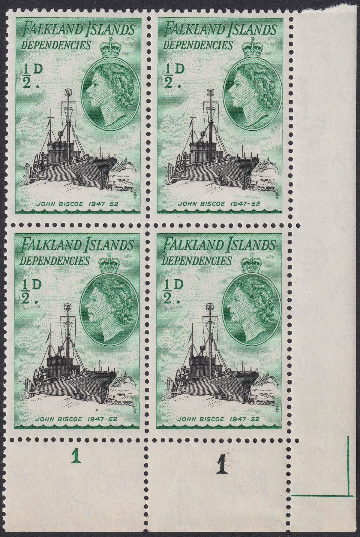 Falkland Islands Dependencies 1962 ½d Plate 1 1 Block of 4 Mint SG G26a cat £40