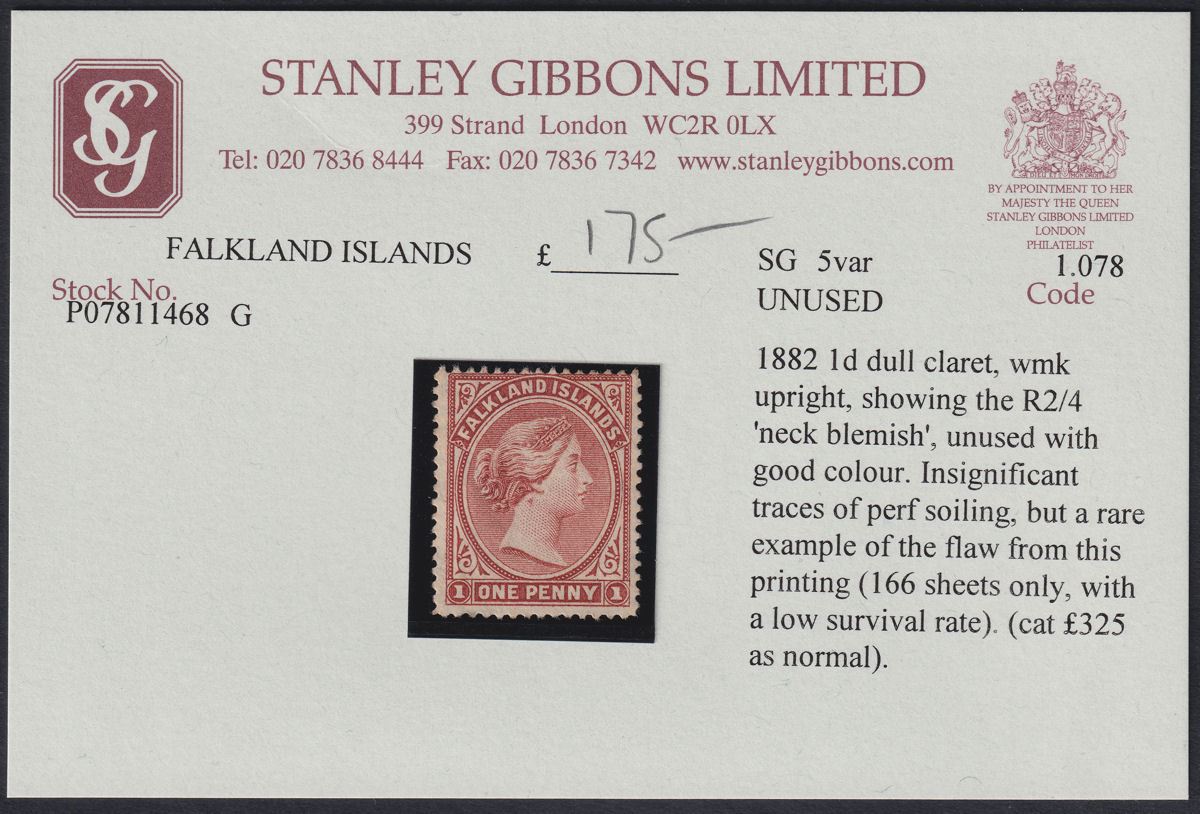 Falkland Islands 1882 QV 1d Dull Claret Neck Flaw Variety Unused SG5 c£350 as M