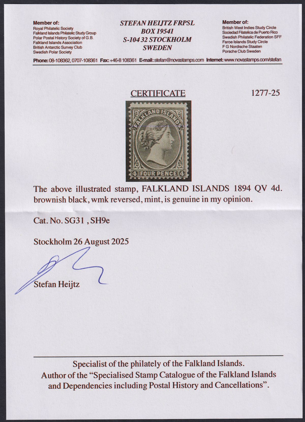 Falkland Islands 1894 QV 4d Brownish Black wmk Crown Reversed Mint SG31 cat£1000