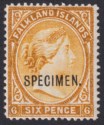 Click for more photos and details Falkland Islands 1891 QV SPECIMEN Overprint 6d Orange-Yellow Mint SG33s