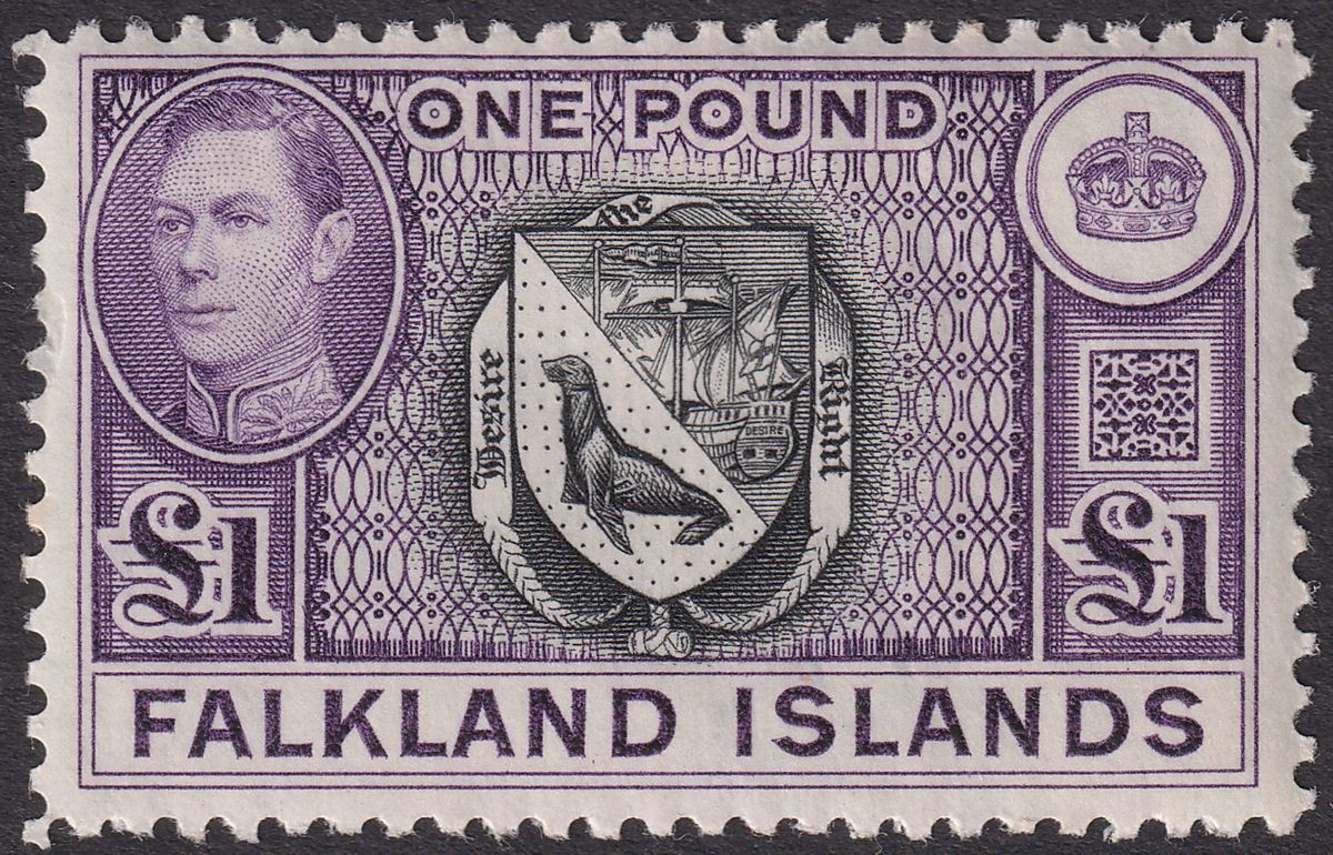 Falkland Islands 1938 KGVI £1 Black + Dull Violet Mint SG163 cat £130 perf fault