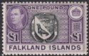 Click for more photos and details Falkland Islands 1938 KGVI £1 Black + Dull Violet Mint SG163 cat £130 perf fault