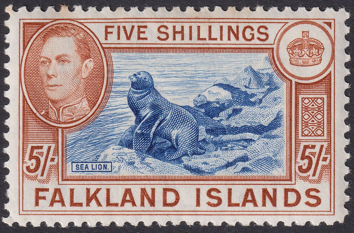 Falkland Islands 1938 KGVI 5sh Blue and Chestnut Mint SG161 cat £160 with TONES
