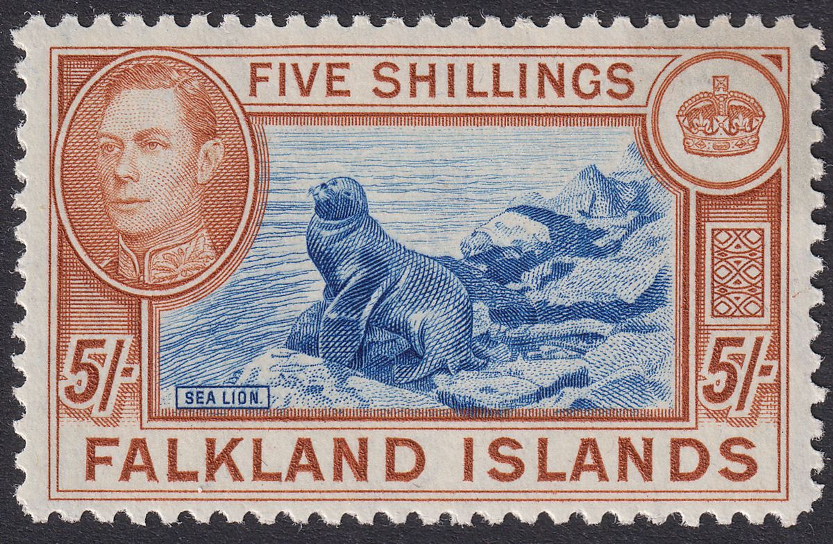 Falkland Islands 1949 KGVI 5sh Dull Blue + Yel-Brown Mint SG161c c£140 gum fault