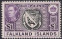 Click for more photos and details Falkland Islands 1938 KGVI £1 Black and Reddish Violet Mint SG163 cat £140+