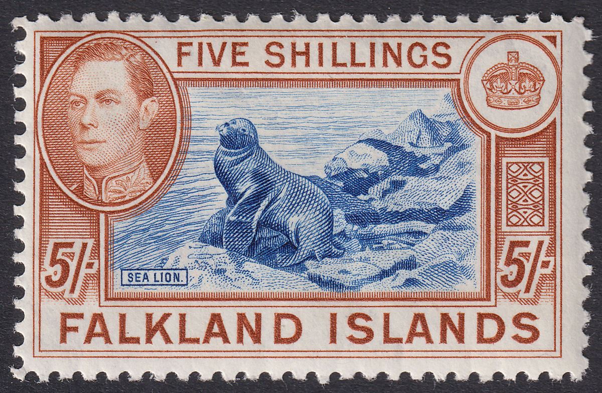 Falkland Islands 1938 KGVI 5sh Blue and Chestnut Mint SG161 cat £160