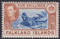 Click for more photos and details Falkland Islands 1938 KGVI 5sh Blue and Chestnut Mint SG161 cat £160