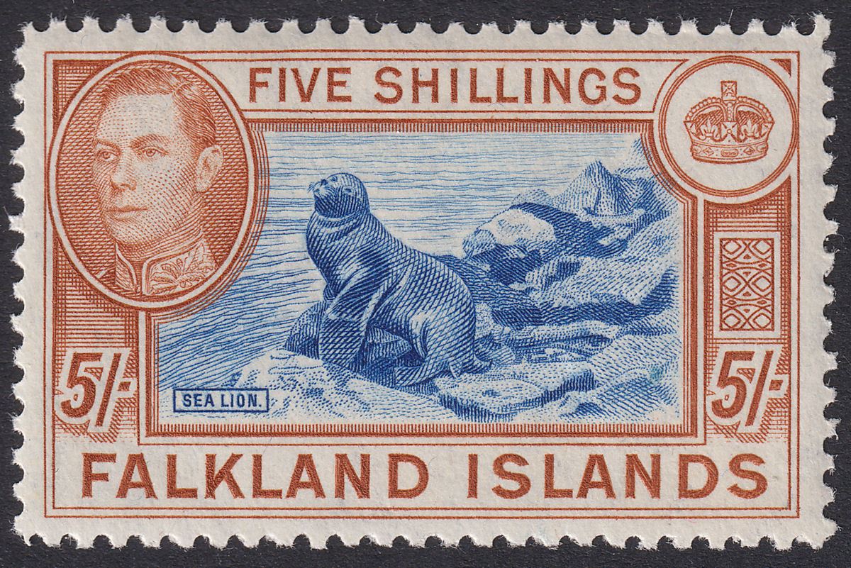 Falkland Islands 1949 KGVI 5sh Dull Blue and Yellow-Brown Mint SG161c cat £140