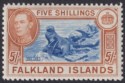 Click for more photos and details Falkland Islands 1949 KGVI 5sh Dull Blue and Yellow-Brown Mint SG161c cat £140