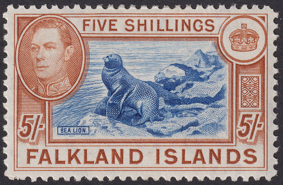 Falkland Islands 1949 KGVI 5sh Dull Blue and Yellow-Brown Mint SG161c cat £140