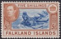 Click for more photos and details Falkland Islands 1949 KGVI 5sh Dull Blue and Yellow-Brown Mint SG161c cat £140