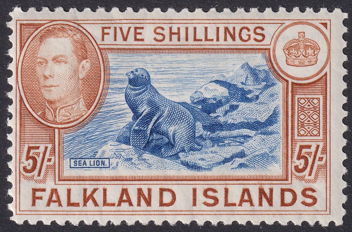 Falkland Islands 1938 KGVI 5sh Blue and Chestnut Mint SG161 cat £160