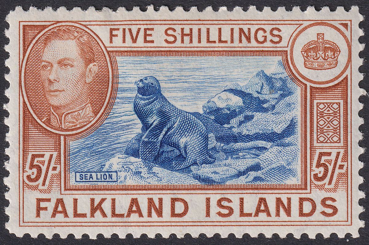 Falkland Islands 1949 KGVI 5sh Dull Blue and Yellow-Brown Mint SG161c cat £140
