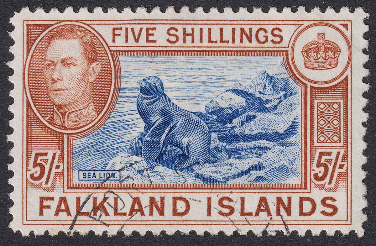 Falkland Islands 1938 KGVI 5sh Blue and Chestnut Used SG161 cat £95