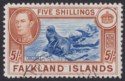 Click for more photos and details Falkland Islands 1938 KGVI 5sh Blue and Chestnut Used SG161 cat £95