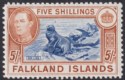 Click for more photos and details Falkland Islands 1938 KGVI 5sh Indigo + Pale Yellow-Brown Mint SG161b cat £1100
