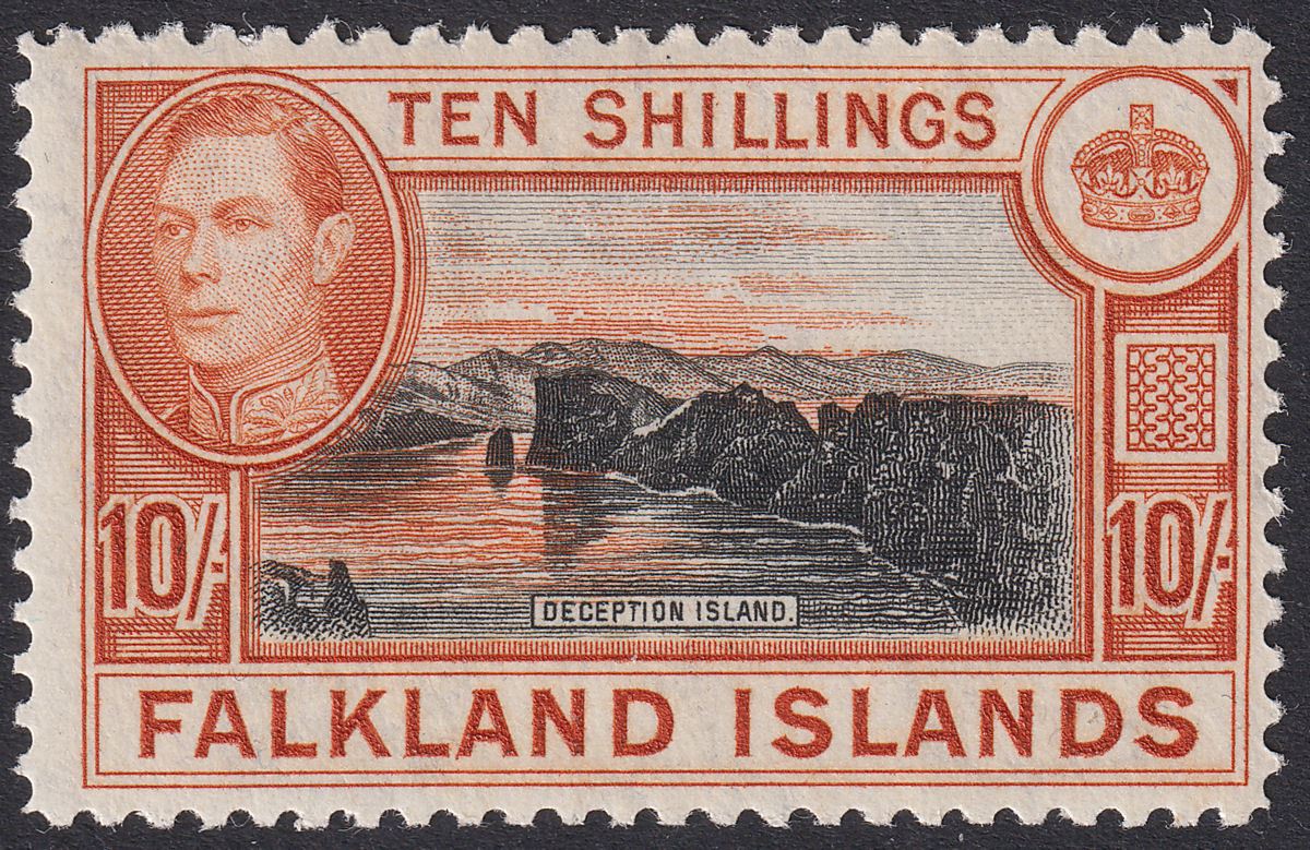 Falkland Islands 1949 KGVI 10sh Black and Red-Orange Mint SG162b cat £140