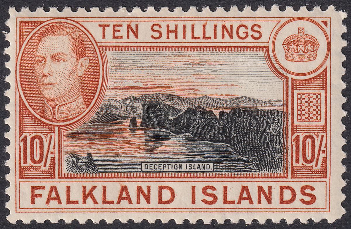 Falkland Islands 1938 KGVI 10sh Black and Orange-Brown Mint SG162 cat £200