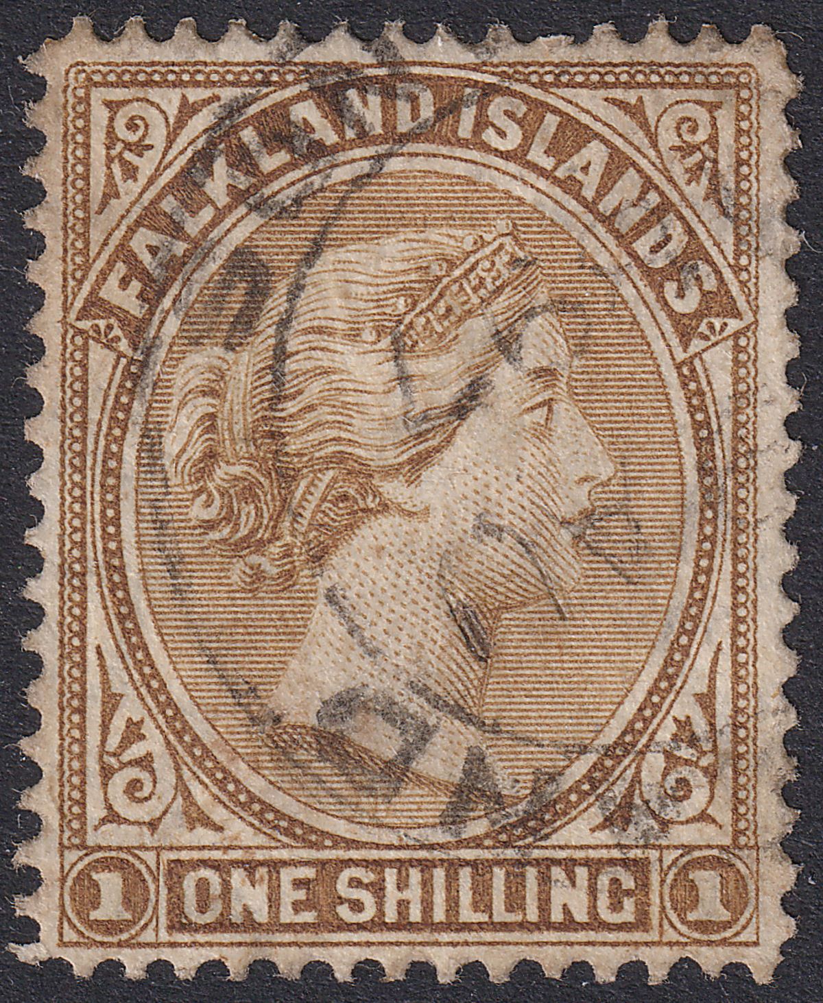 Falkland Islands 1896 QV 1sh Yellow-Brown wmk Reversed Used SG38x cat £325