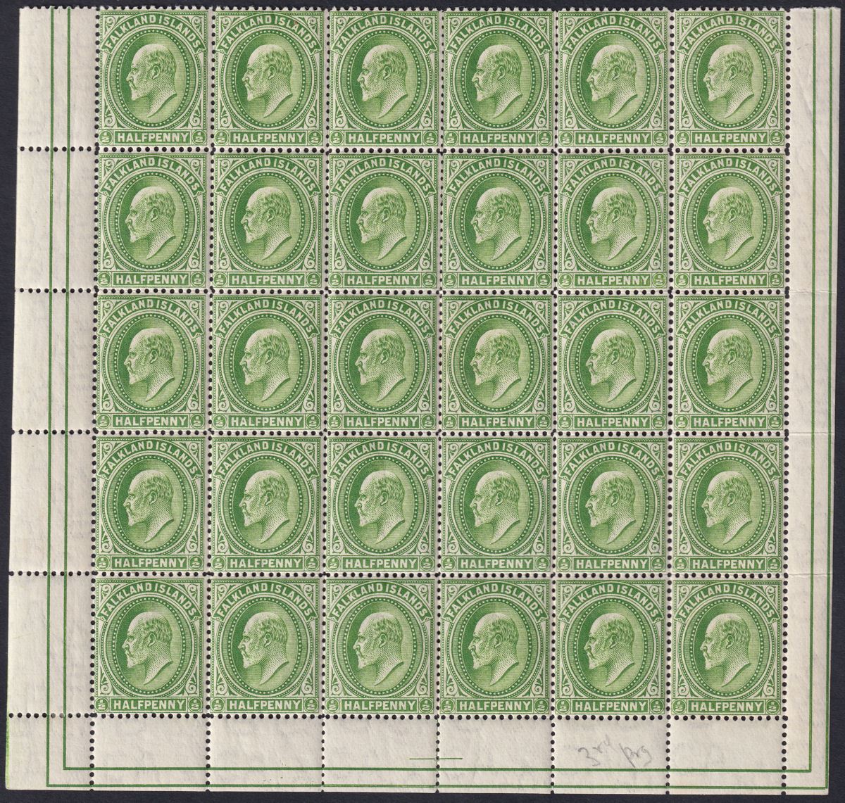 Falkland Islands 1904 KEVII ½d Yellow-Green Marginal Block of 30 Mint SG43