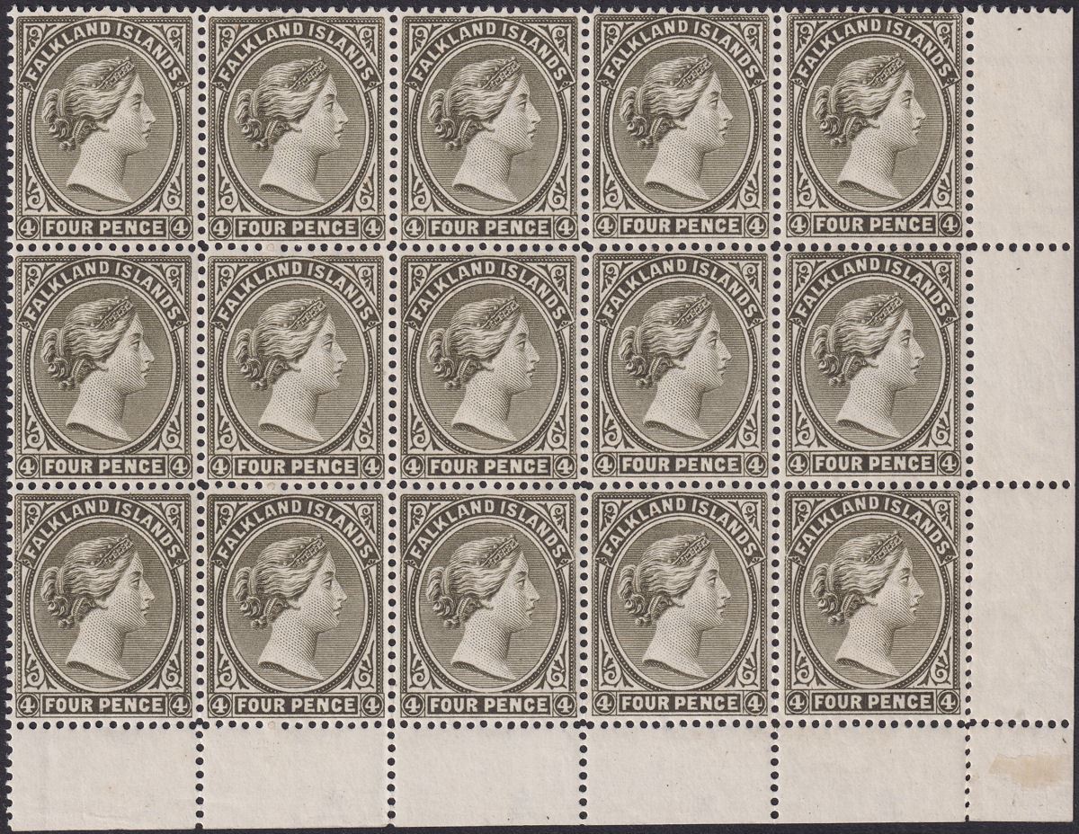 Falkland Islands 1895 QV 4d Olive-Black Corner Block of 15 Mint SG32 cat £240