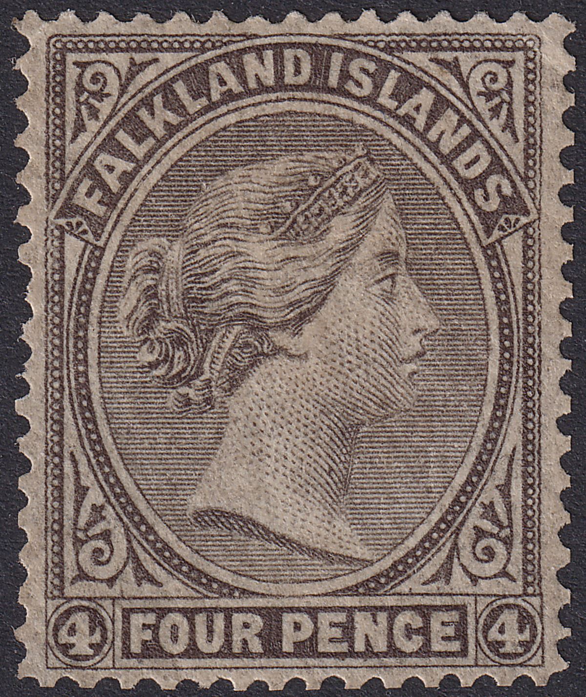 Falkland Islands 1879 QV 4d Grey-Black Mint SG2 cat £1500 reperf at base