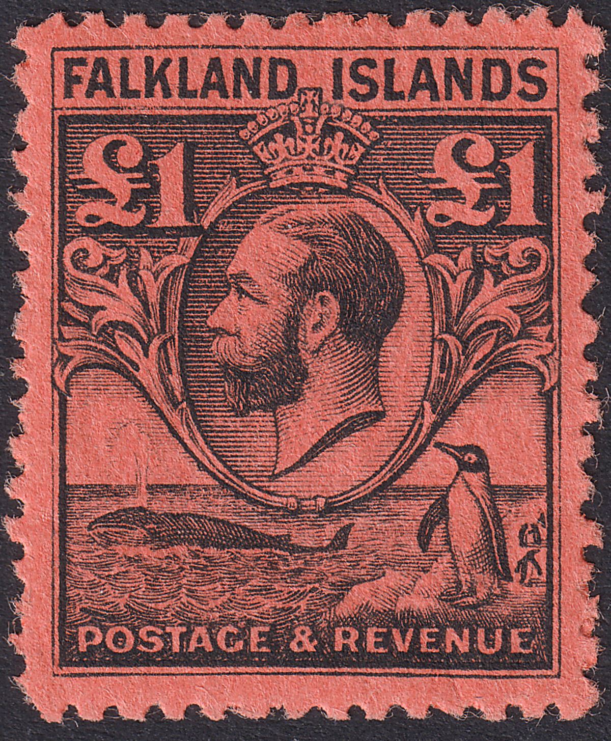 Falkland Islands 1929 KGV Whale Penguins £1 Black on Red Mint SG126 c£325 crease