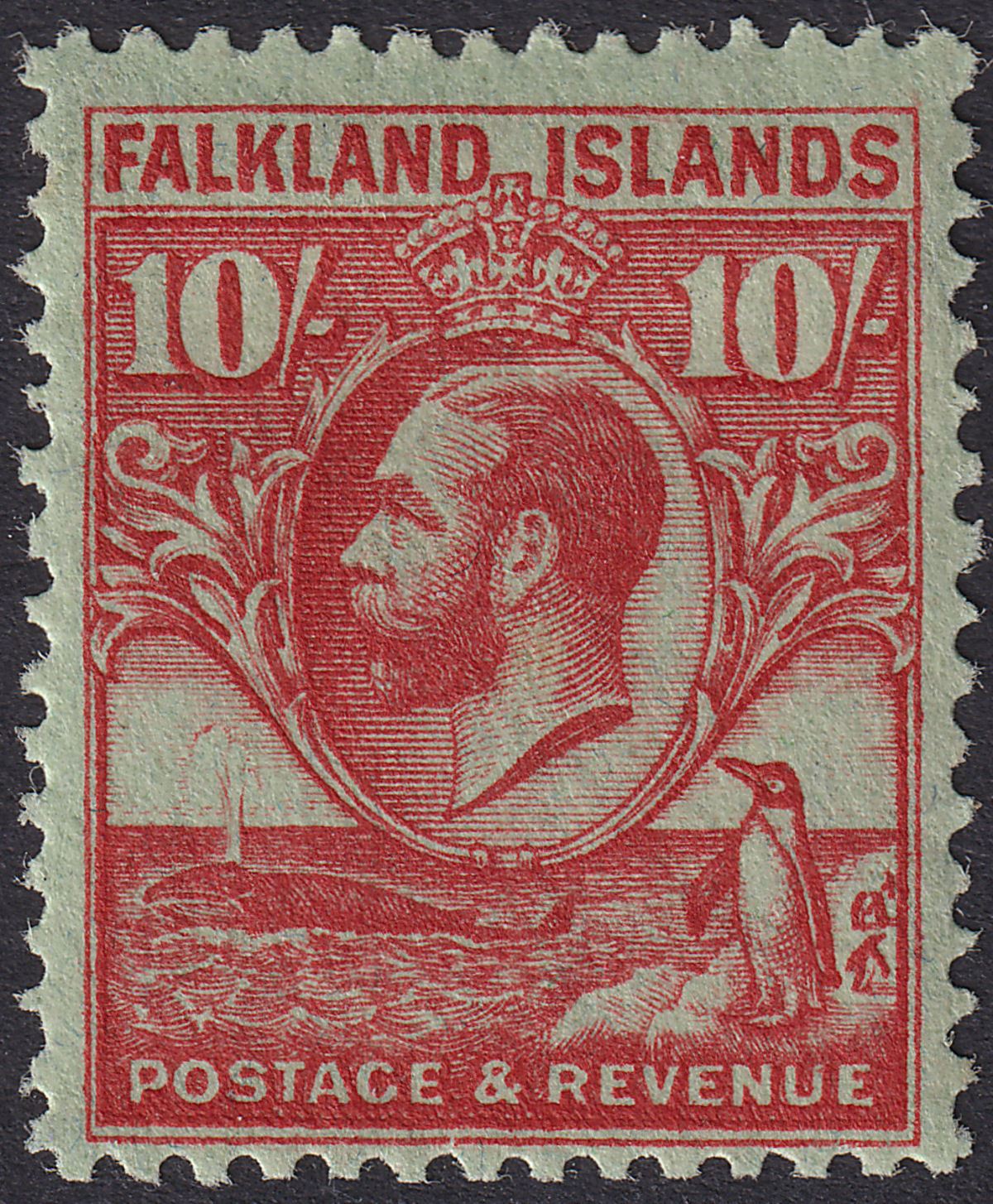 Falkland Islands 1929 KGV Whale Penguins 10sh Carm on Emerald Mint SG125 c£250