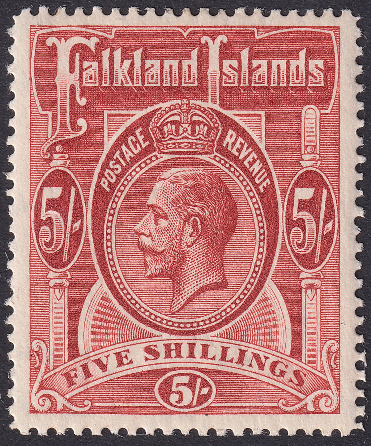 Falkland Islands 1912 KGV 5sh Deep Rose-Red Mint SG67 cat £130