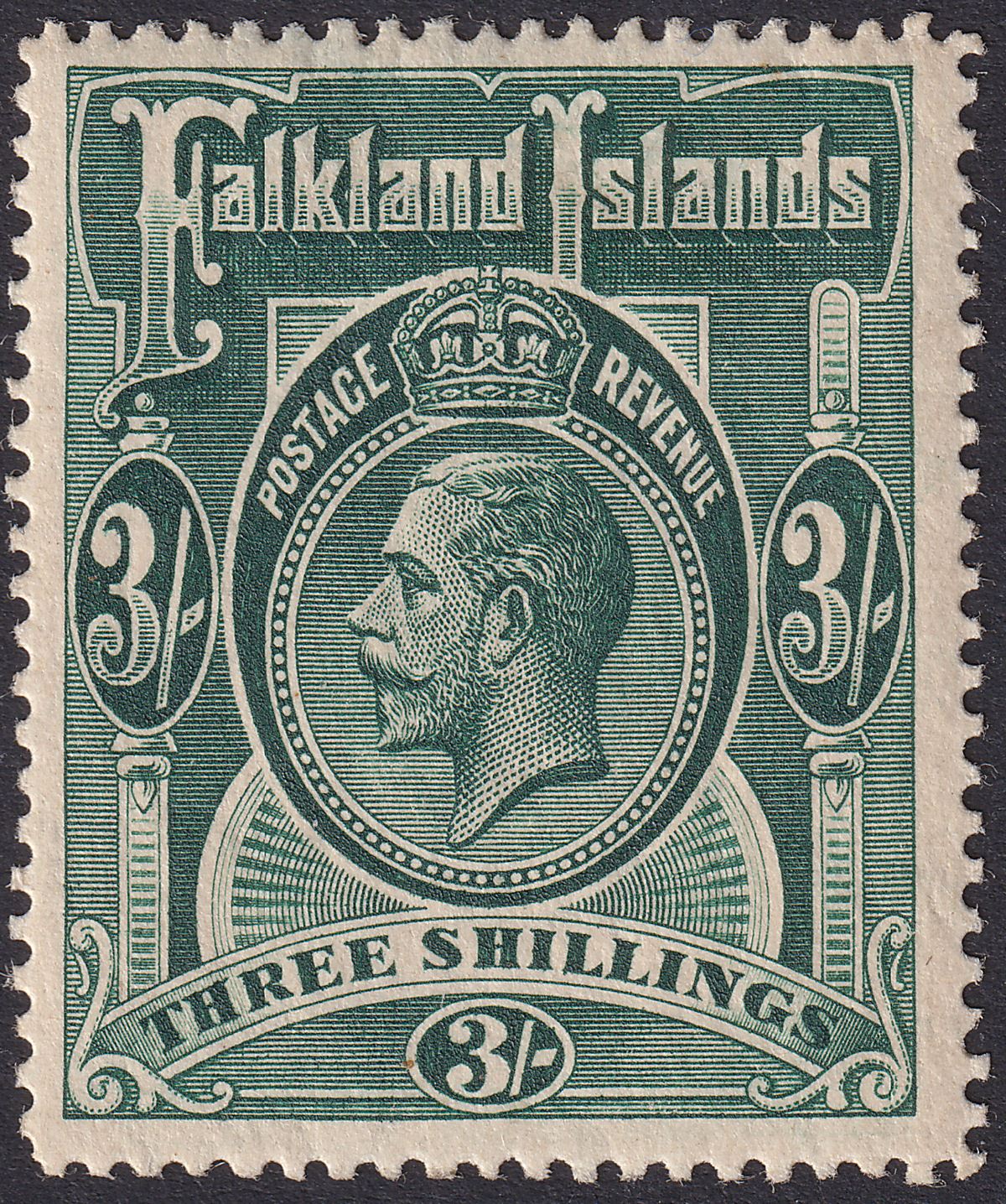 Falkland Islands 1912 KGV 3sh Slate-Green Mint SG66 cat £100