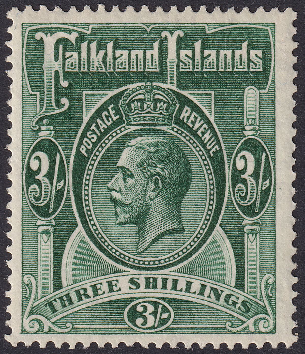 Falkland Islands 1923 KGV 3sh Slate-Green Mint SG80 cat £100