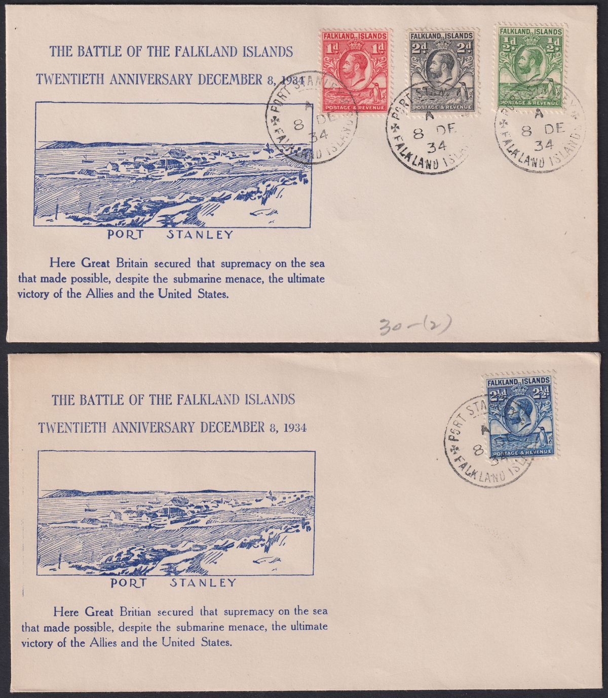 Falkland Islands 1934 KGV Whale Penguins to 2½d Used Battle Anniversary Covers