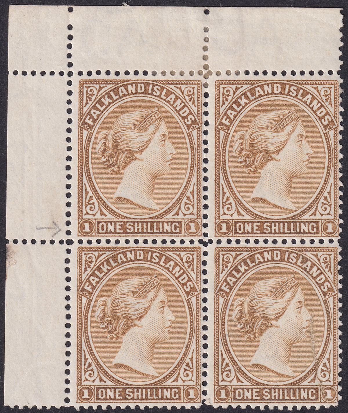 Falkland Islands 1896 QV 1sh Yellow-Brown Corner Block Flat O Variety Mint SG38