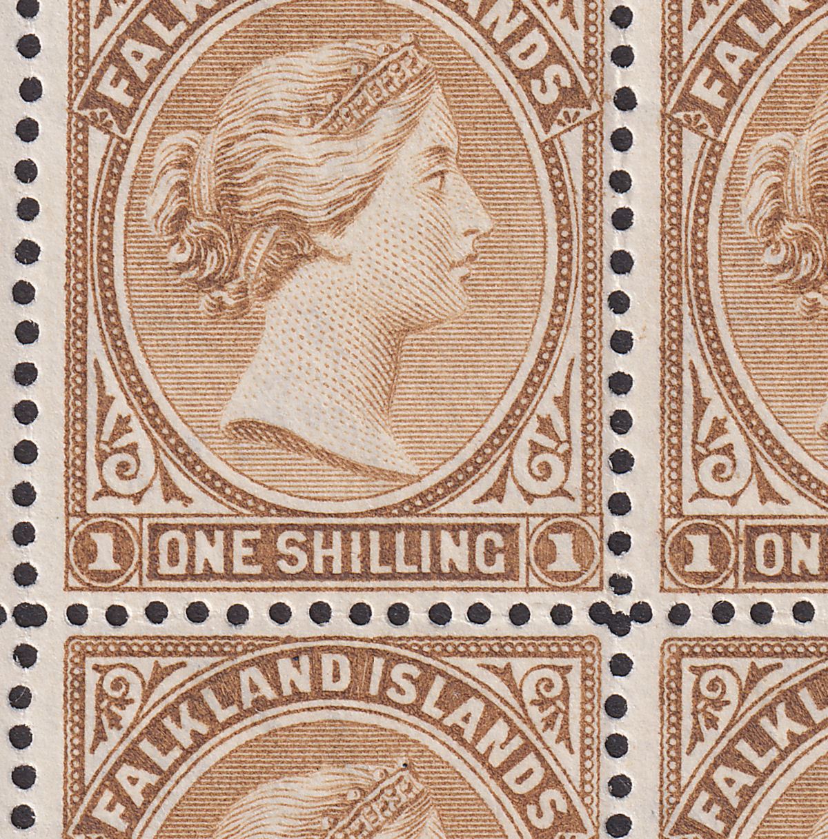 Falkland Islands 1896 QV 1sh Yellow-Brown Corner Block Flat O Variety Mint SG38