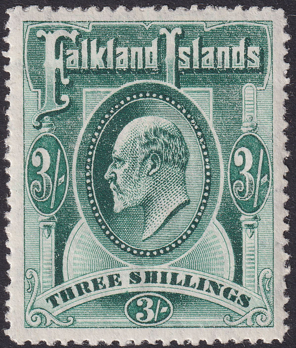Falkland Islands 1907 KEVII 3sh Deep Green Mint SG49b cat £160