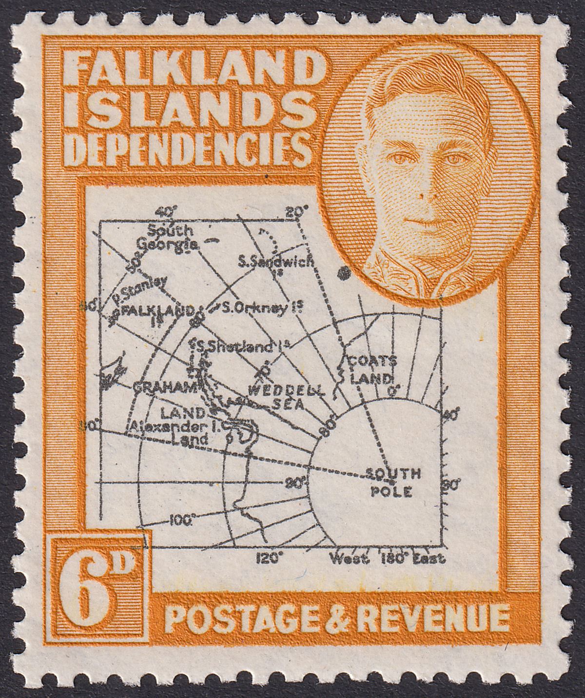 Falkland Islands Dependencies 1946 KGVI 6d Orange Dot Oval Var Mint SG G6d c£275