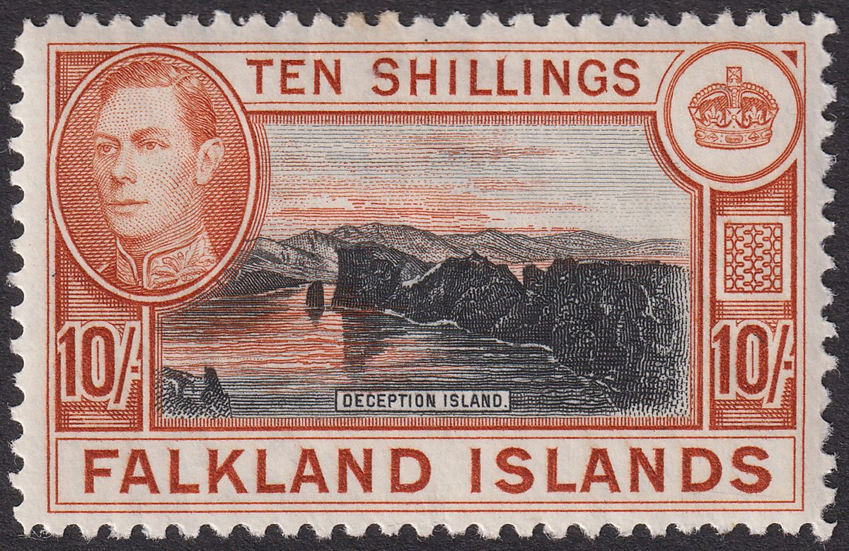 Falkland Islands 1938 KGVI 10sh Black + Orange-Brown Mint SG162 c £200 perf tone