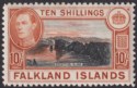 Click for more photos and details Falkland Islands 1938 KGVI 10sh Black + Orange-Brown Mint SG162 c £200 perf tone