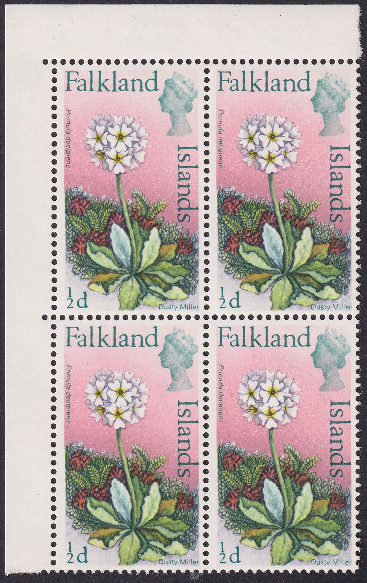 Falkland Islands 1968 QEII ½d Block with Crown Flaw Mint SG232a cat £10+