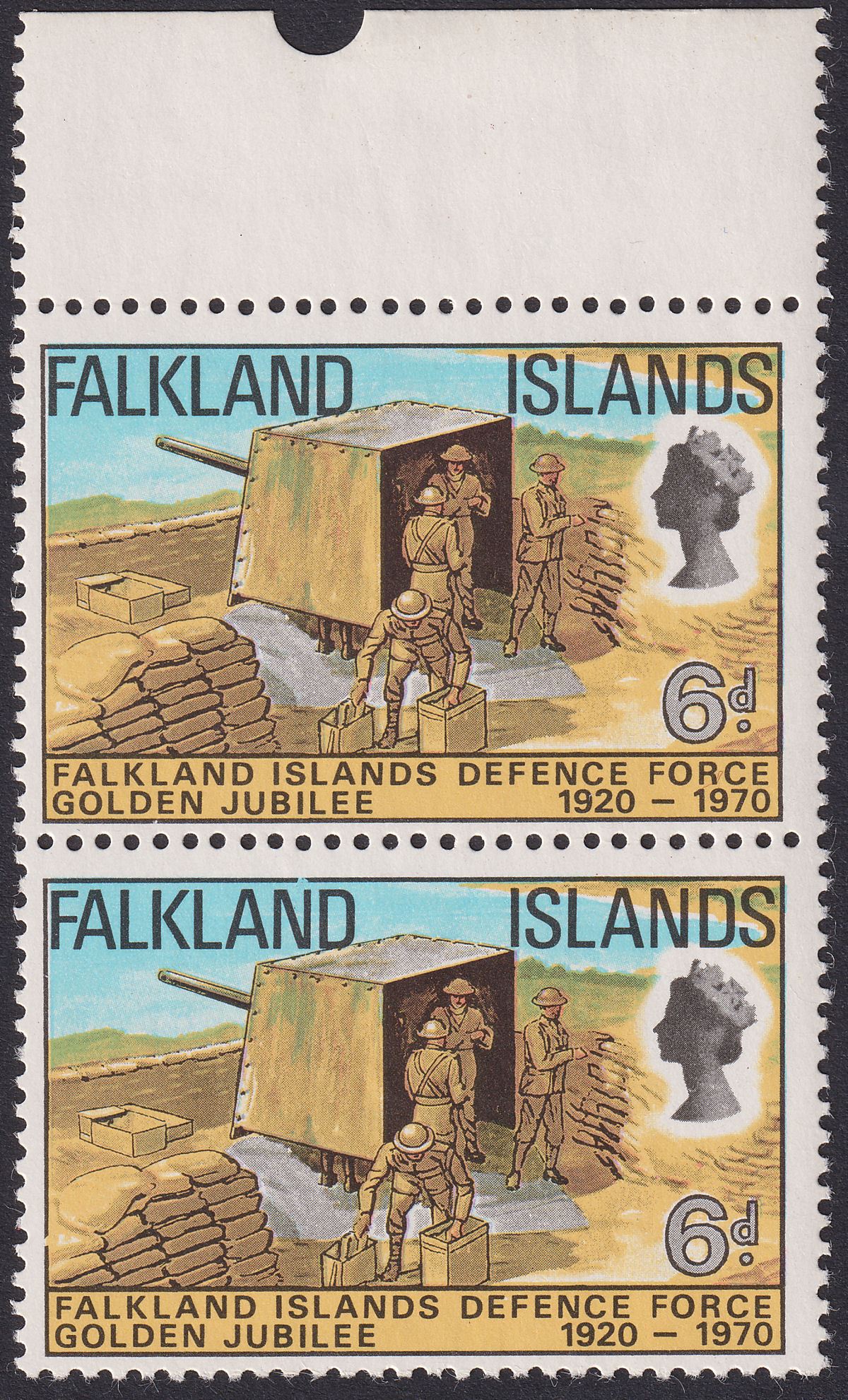 Falkland Islands 1970 QEII Defence Force 6d Pair Frame Break Variety Mint SG255v