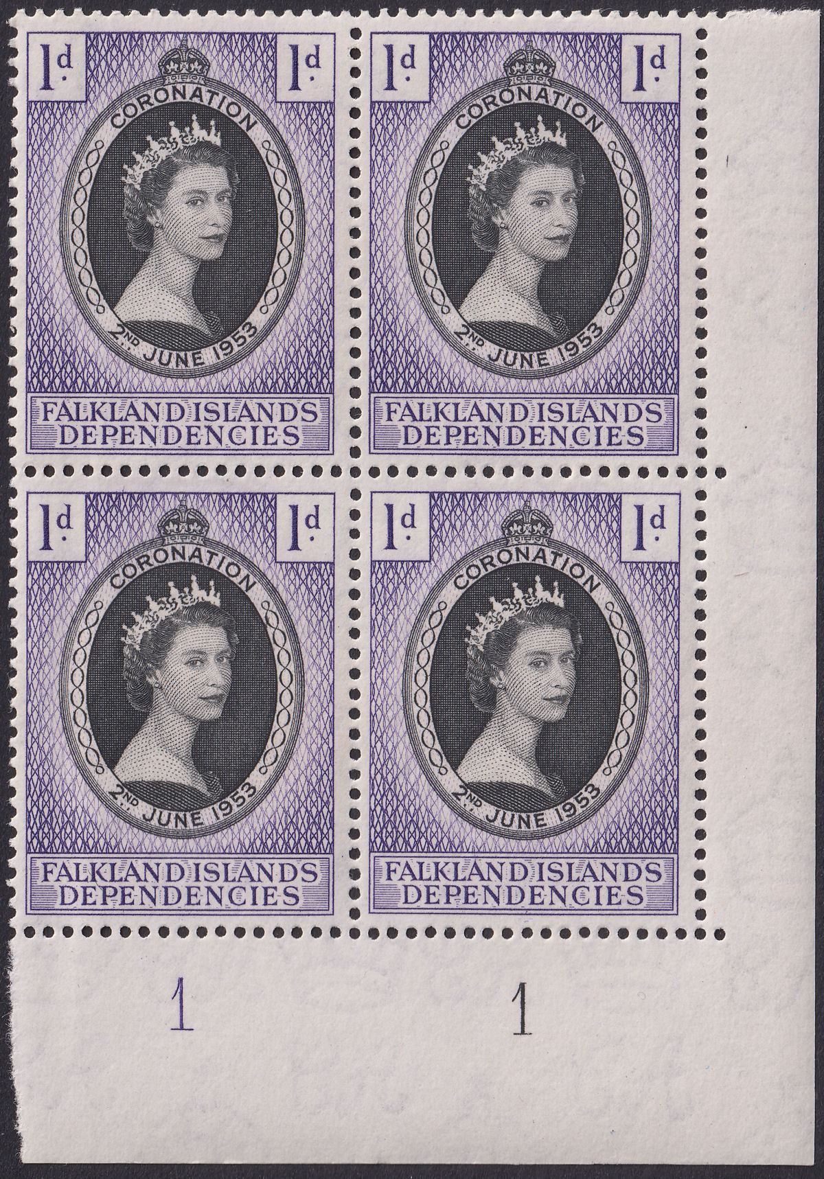 Falkland Islands Dependencies 1953 QEII Coronation 1d Plate 1 Block Mint SG G25