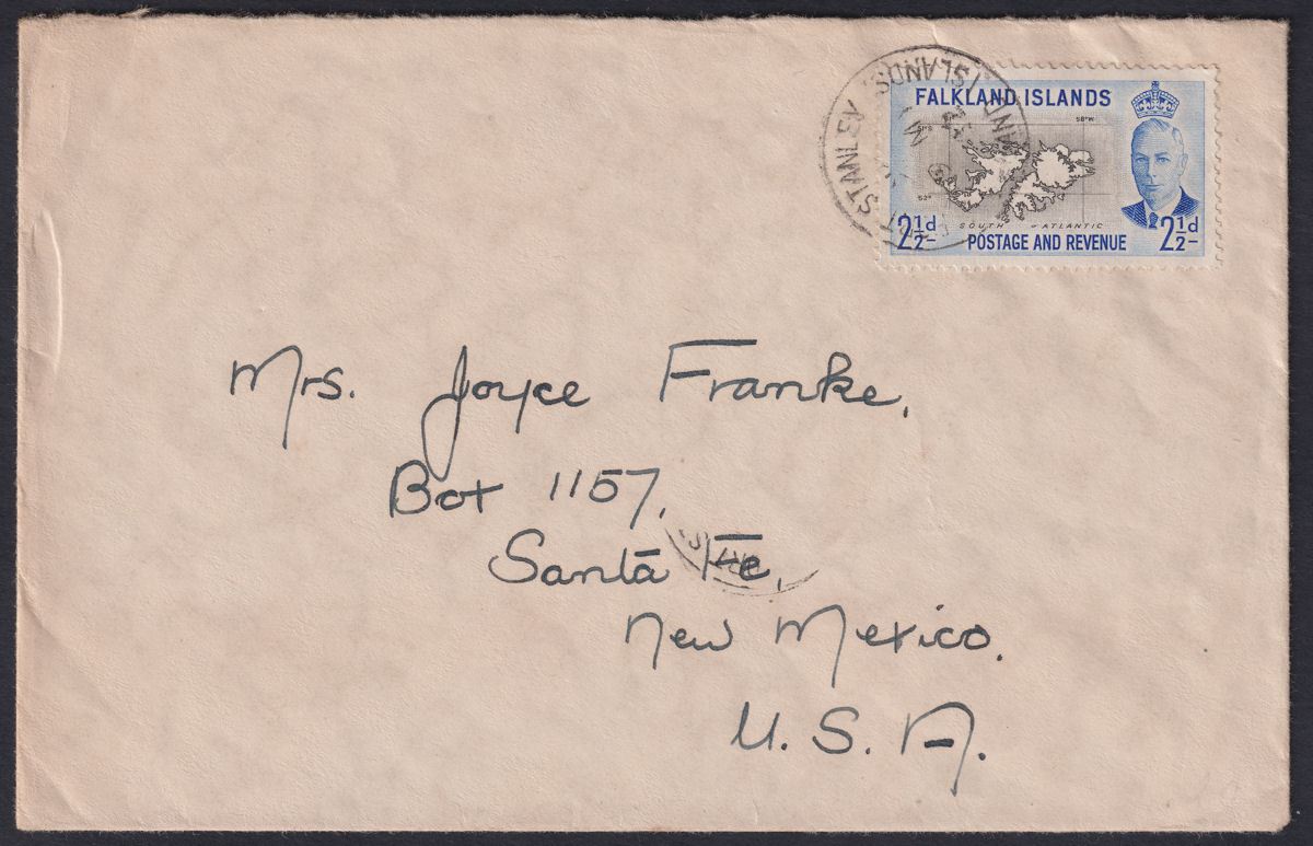 Falkland Islands 1952 KGVI Map 2½d Black + Ultramarine Used on Cover - USA SG175