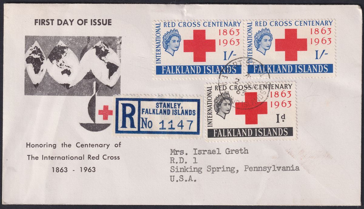 Falkland Islands 1963 QEII Red Cross First Day Cover Used to USA