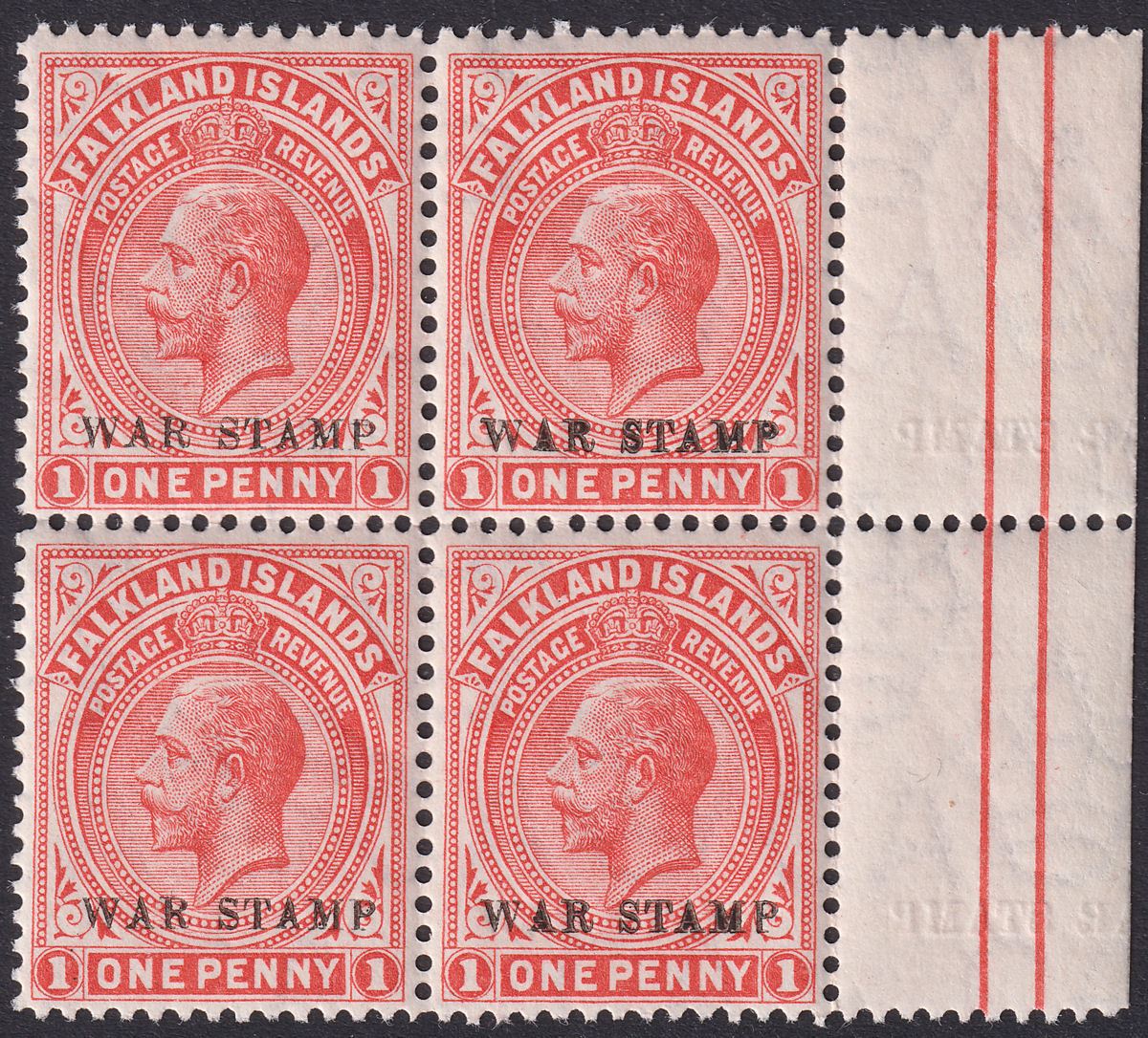 Falkland Islands 1918 KGV War Tax 1d Variety Rev Albino Opt in Margin Mint SG71v